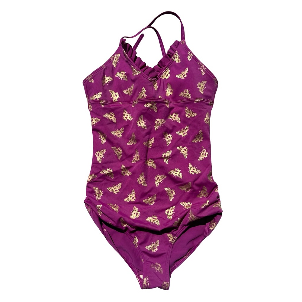 Lands End Kids Purple One Piece Swimsuit with Gold Embossed Bumble Bees Size 12